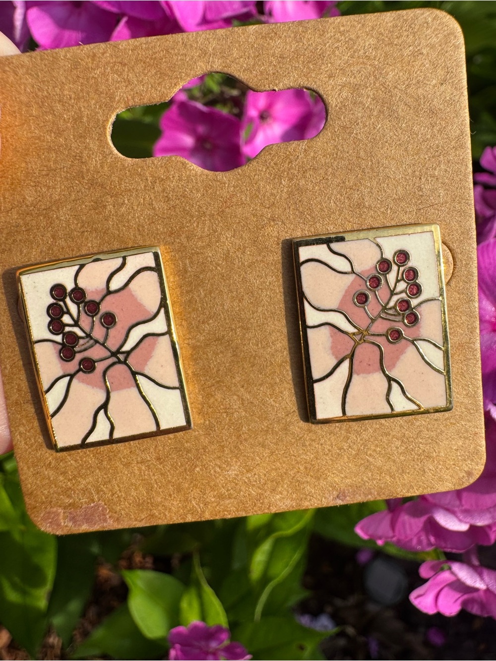 Vintage Laurel Burch Cloisonné Pink Gold Floral Enamel Stud Earrings Signed LB